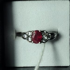 Radiant Silver Ring with Ruby Red Gemstone w/3 Diamonds on Each Side New